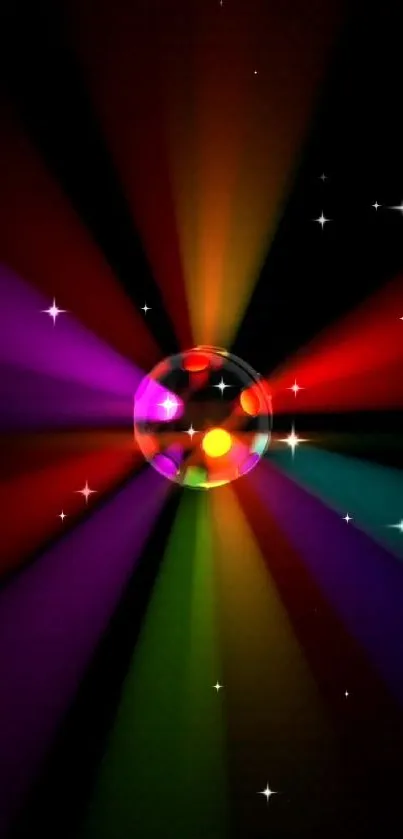 Disco ball with colorful rays and starry background.