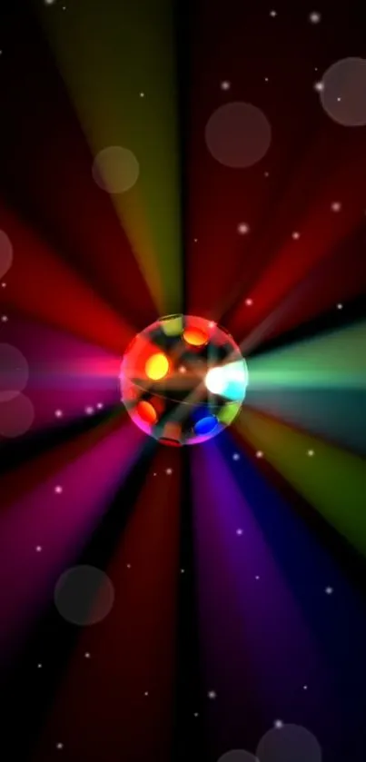 Vibrant disco ball with colorful light beams in the dark.