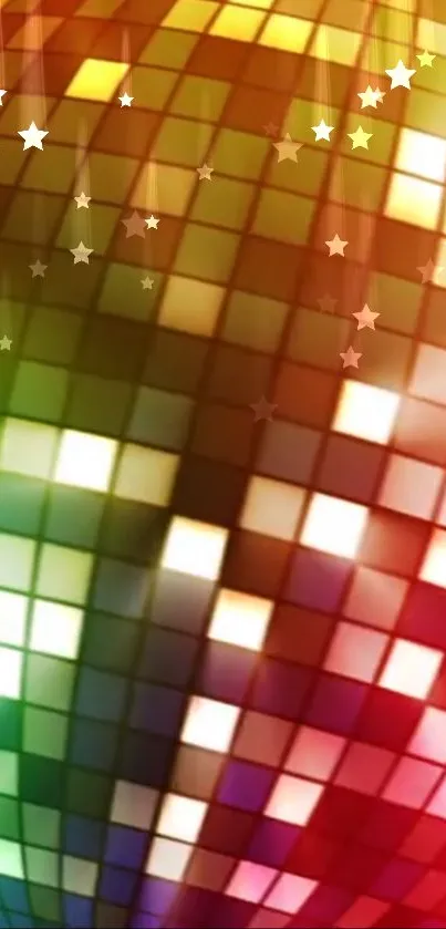 Vibrant disco ball wallpaper with colorful mosaic tiles and stars.