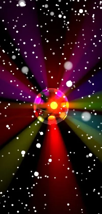 Colorful disco ball with radiant lights and snow-like dots on a black background.