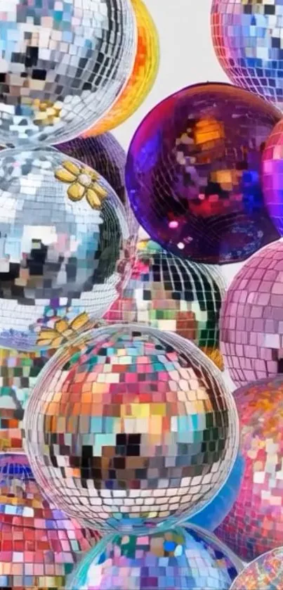 Colorful disco balls creating a vibrant retro theme.
