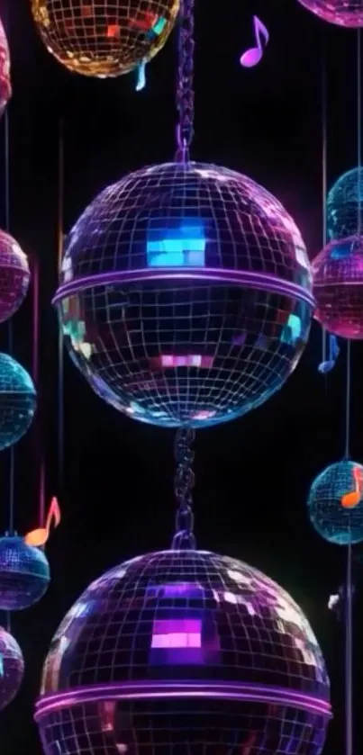 Vibrant disco balls with colorful lights and musical notes.