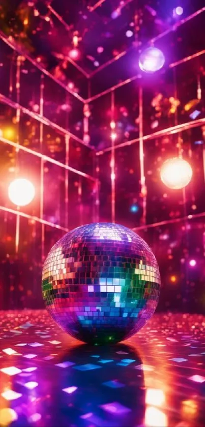 Vibrant disco ball with colorful lights creating dynamic reflections.
