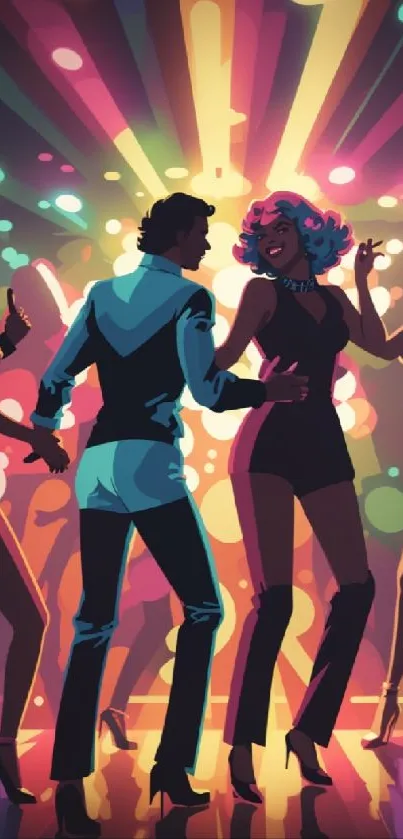 A vibrant disco dance scene with colorful lights and dancing silhouettes.