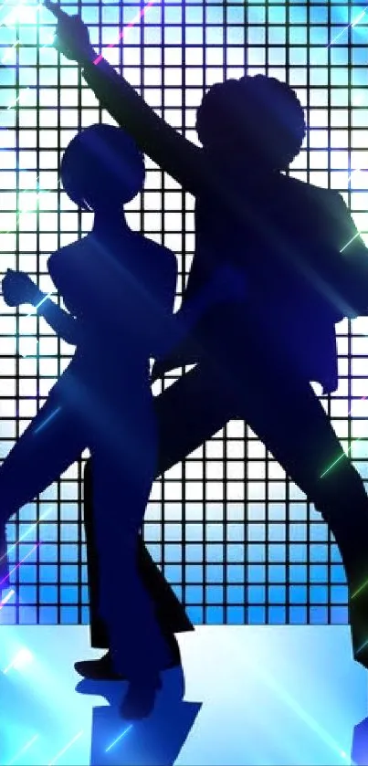 Silhouetted dancers with a vibrant, colorful disco backdrop.