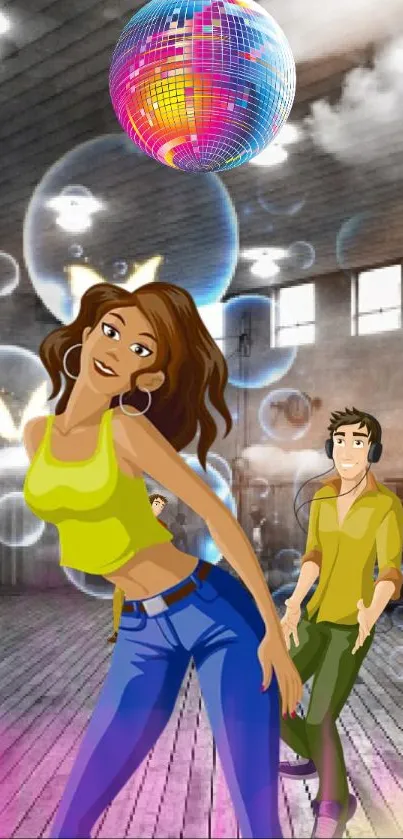 Animated characters dancing under a disco ball in a colorful room.