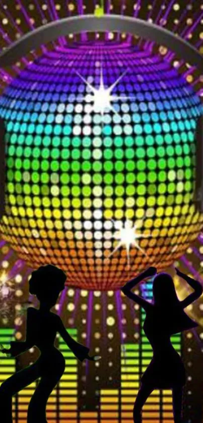 Vibrant disco wallpaper with dancers and colorful DJ globe.