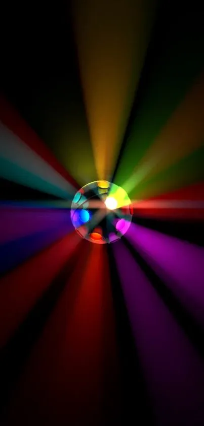 A colorful disco light display with multicolored beams on a black background.