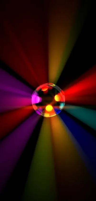 Vibrant disco light pattern with colorful beams on a black background.