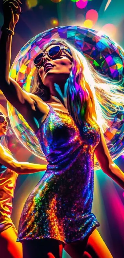 Colorful disco scene with dancers and bright lights