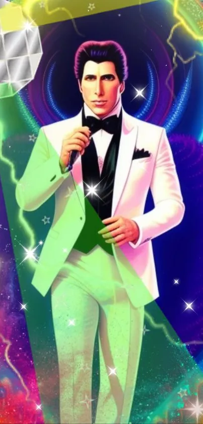 Mobile wallpaper with a vibrant disco singer in a white suit and neon colors.