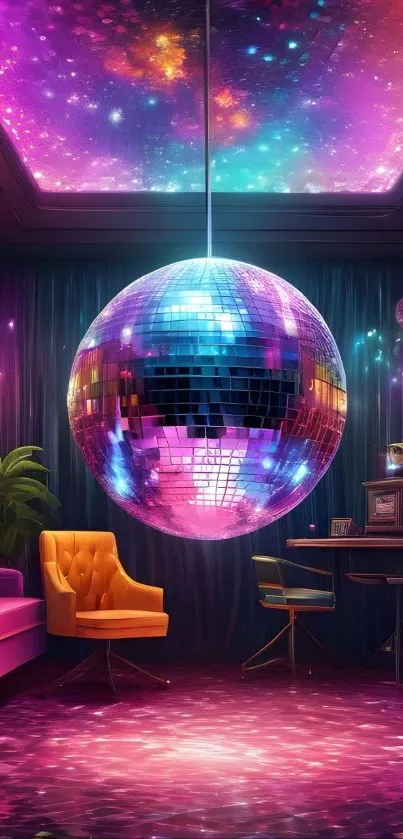 Colorful disco ball room with vibrant lights and retro furniture.