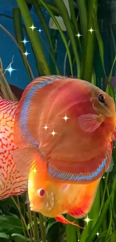 Vibrant discus fish swimming among plants with colorful scales.