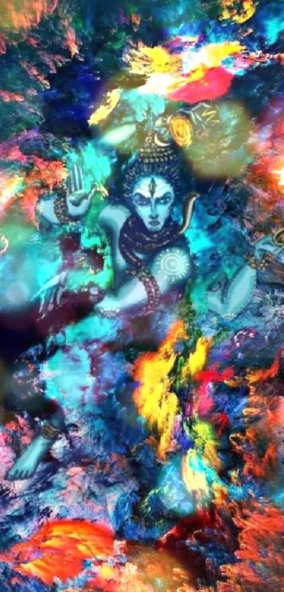 Vibrant abstract wallpaper featuring a mystical Hindu deity in cosmic colors.