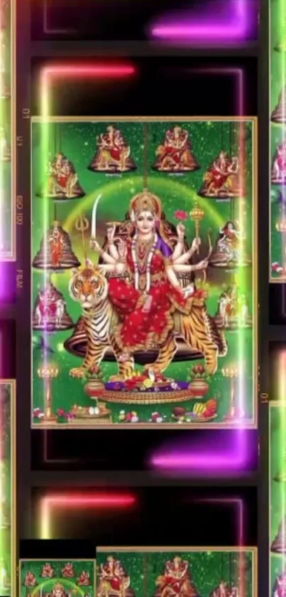 Vibrant deity artwork on a green background mobile wallpaper.