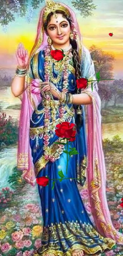 Divine figure in vibrant landscape with floral elements and colorful attire.