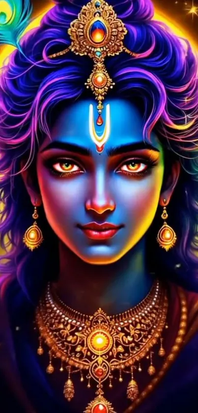 Vibrant mystical art featuring a divine figure with jewel adornments.