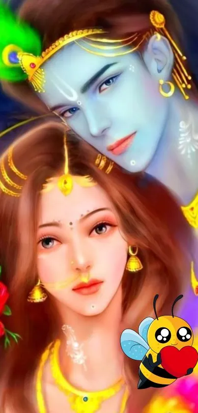 Vibrant wallpaper of a divine couple and cartoon bee.