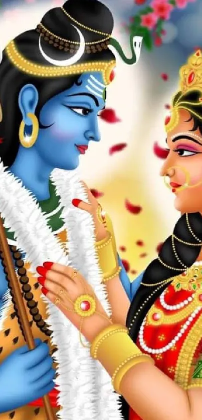 Vibrant depiction of a divine couple in traditional attire.