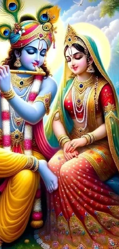 Vibrant art of divine couple in a serene setting, perfect for mobile wallpaper.