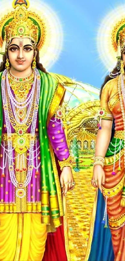 Colorful divine couple digital art in traditional attire, ideal for mobile wallpaper.