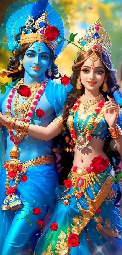 Divine couple in vibrant traditional attire surrounded by flowers.