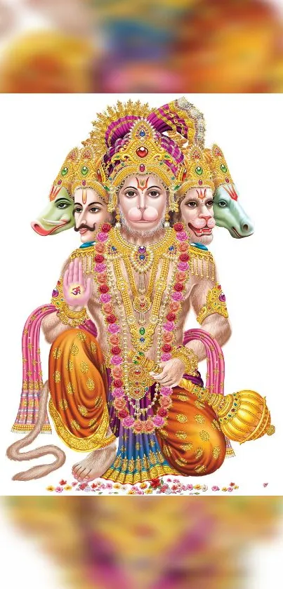 Vibrant multi-faced deity in colorful attire with ornate jewelry, mobile wallpaper.