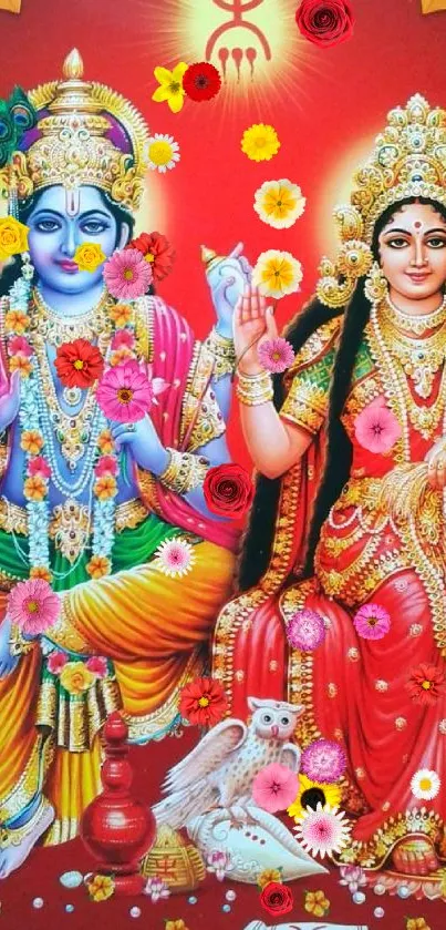 Vibrant Hindu deities, Vishnu and Lakshmi, depicted in colorful art.