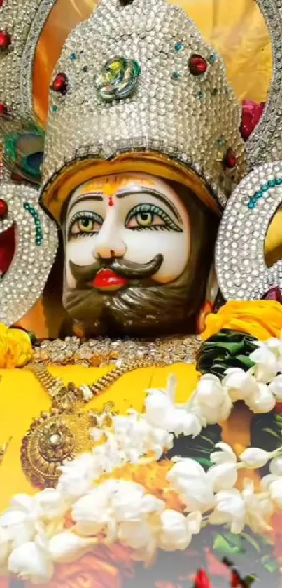 Ornate deity with vibrant yellow colors and intricate jewel details.