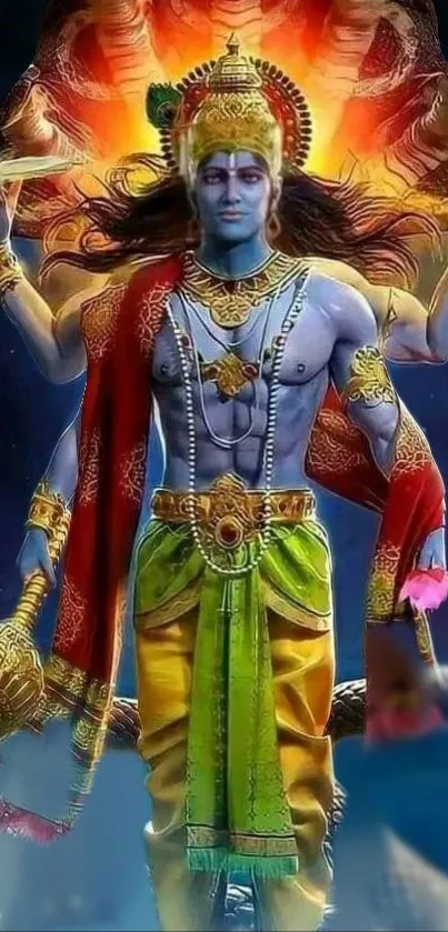 Vibrant divine deity in ceremonial attire, set against a mystical background.