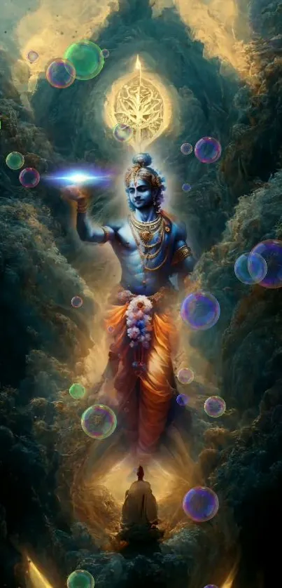 Fantasy artwork with divine figure and colorful bubbles.