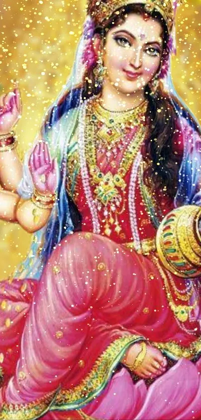 Divine goddess in pink attire with gold details and mystical background.