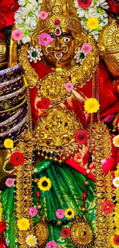 Vibrant goddess adorned in gold, surrounded by colorful flowers.