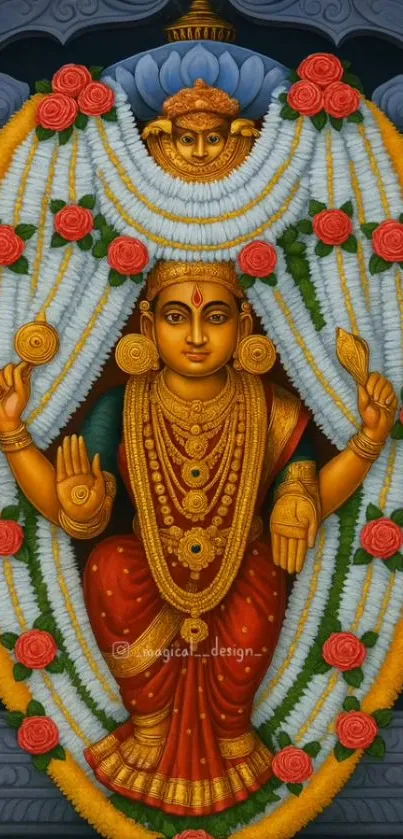 Vibrant art of a divine goddess adorned with jewelry and garlands.