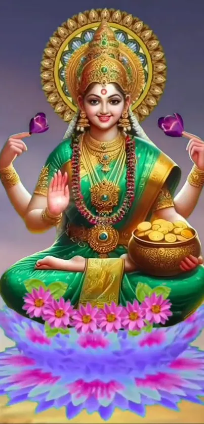 Vibrant goddess sitting on lotus with a background of serene colors, exuding peace.