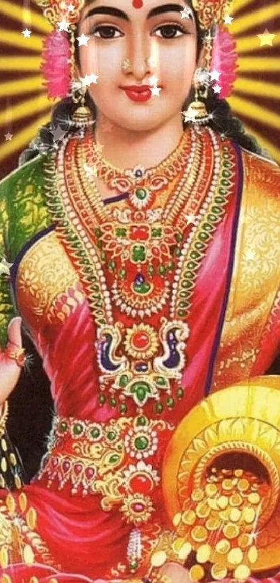 Colorful divine goddess portrait with vibrant attire and jewelry.