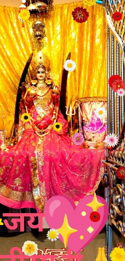 Vibrant goddess adorned in ornate attire with flowers and gold backdrop.