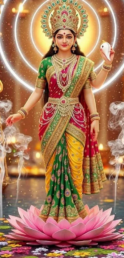Mobile wallpaper showing a divine goddess with vibrant colors and intricate details.