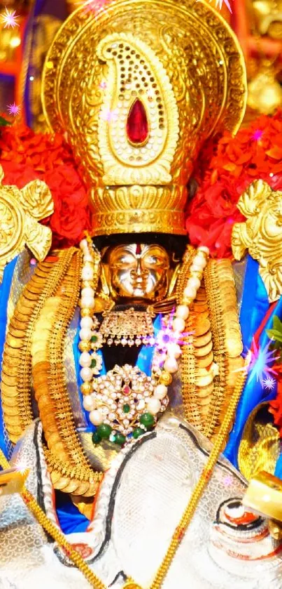 Colorful Hindu deity with gold detailing and floral accents.