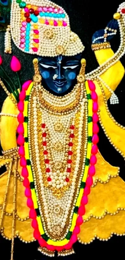 Vibrant artwork of a Hindu deity with colorful attire and jewels on a black background.