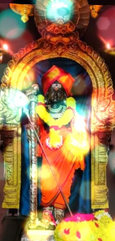 Vibrant depiction of a Hindu deity in colorful attire and ornate surroundings.