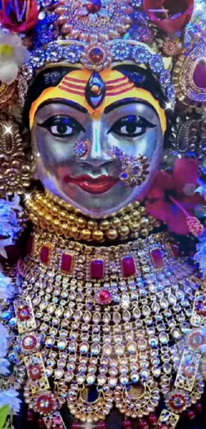 Colorful divine idol adorned with jewels and flowers.