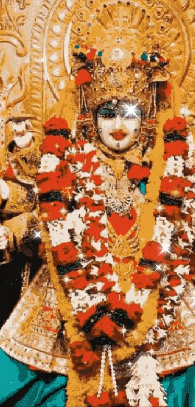 Intricate divine statue with gold patterns and colorful garlands.