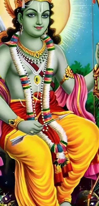 Illustration of a divine figure with vibrant colors and traditional attire.