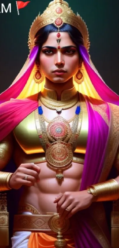 Divine warrior with vibrant robes and jewelry, radiating strength and spirituality.