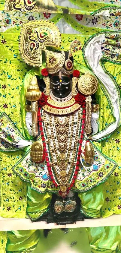 Vibrant deity with ornate attire on lime green backdrop.