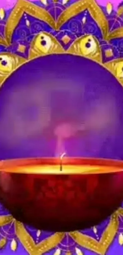 Vibrant Diwali candle with purple and gold decorative design.