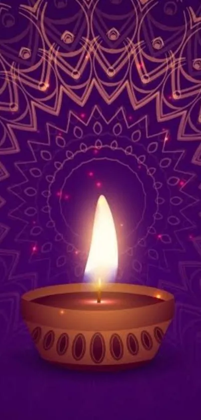 Diwali lamp with purple and gold mandala patterns creates a vibrant festive look.