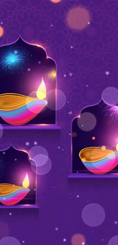 Vibrant Diwali lamps on purple background.