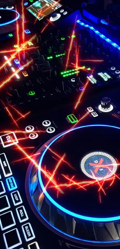 Vibrant DJ console with neon lights glowing in blue and green hues.